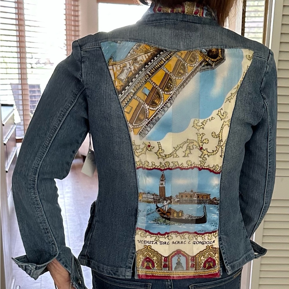 Vintage Denim Jacket, Italian Silk Print insert. Casual,soft,chic,unique jacket.